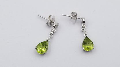 PERIDOT ( PEAR SHAPE ) WITH DIAMONDS 14 KT WHITE GOLD PUSH BACK DANGLE EARRINGS