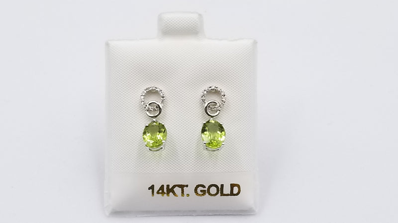 PERIDOT ( OVAL ) WITH DIAMONDS 14 KT WHITE GOLD PUSH BACK DANGLE EARRINGS