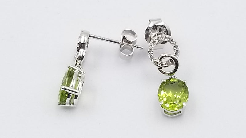 PERIDOT ( OVAL ) WITH DIAMONDS 14 KT WHITE GOLD PUSH BACK DANGLE EARRINGS