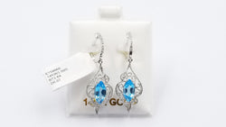 BLUE TOPAZ ( MARQUISE ) WITH DIAMONDS 14 KT WHITE GOLD HINGED BACKS DANGLE EARRINGS