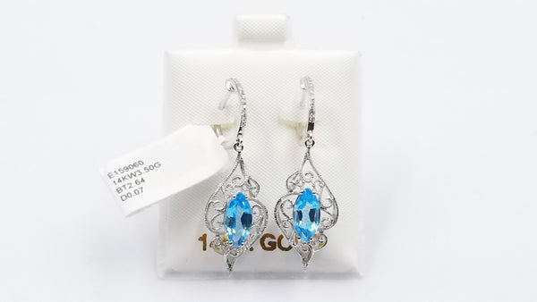 BLUE TOPAZ ( MARQUISE ) WITH DIAMONDS 14 KT WHITE GOLD HINGED BACKS DANGLE EARRINGS