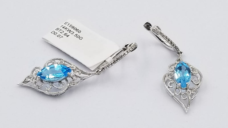 BLUE TOPAZ ( MARQUISE ) WITH DIAMONDS 14 KT WHITE GOLD HINGED BACKS DANGLE EARRINGS