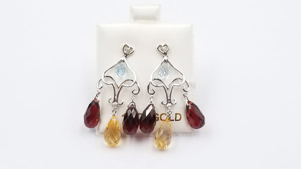 GARNET / CITRINE / BLUE TOPAZ ( BRIOLETTE CUT ) WITH DIAMOND 14 KT WHITE GOLD PUSH BACKS DANGLE EARRINGS