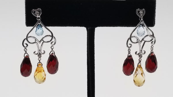 GARNET / CITRINE / BLUE TOPAZ ( BRIOLETTE CUT ) WITH DIAMOND 14 KT WHITE GOLD PUSH BACKS DANGLE EARRINGS