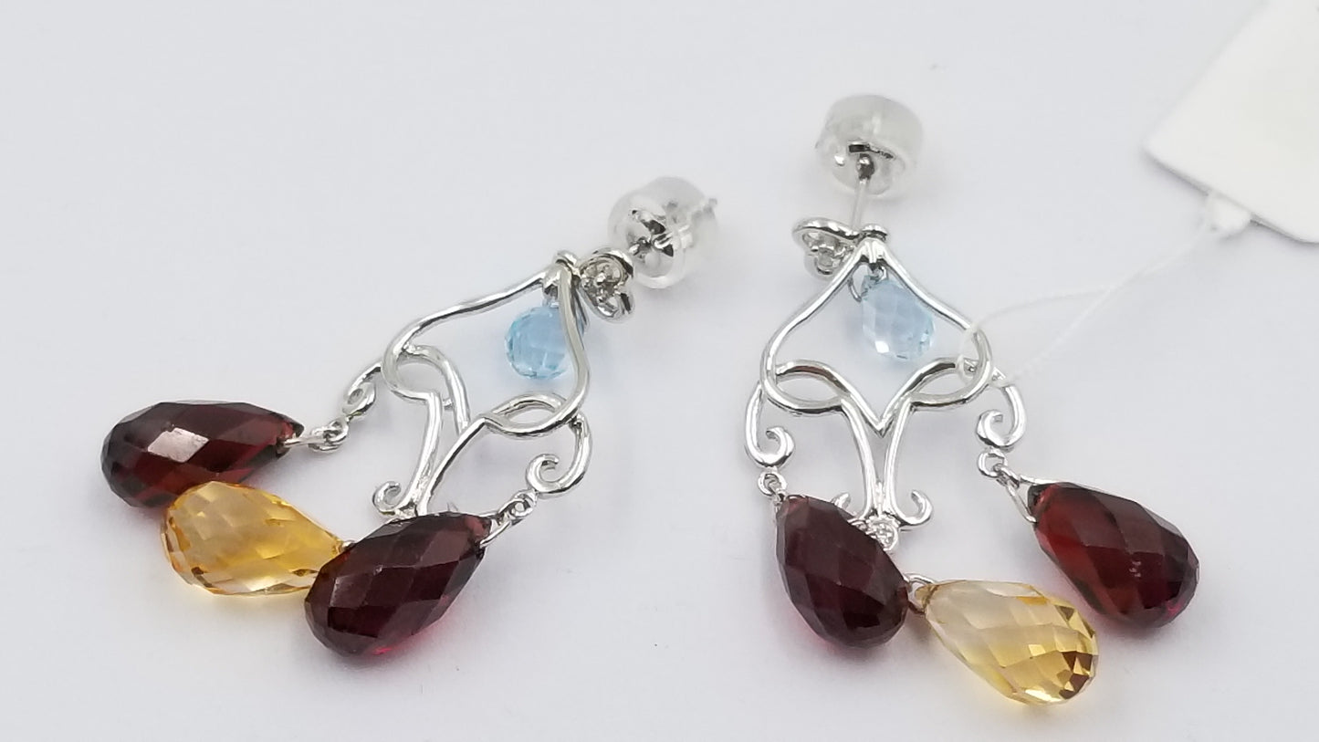GARNET / CITRINE / BLUE TOPAZ ( BRIOLETTE CUT ) WITH DIAMOND 14 KT WHITE GOLD PUSH BACKS DANGLE EARRINGS