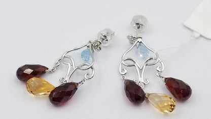 GARNET / CITRINE / BLUE TOPAZ ( BRIOLETTE CUT ) WITH DIAMOND 14 KT WHITE GOLD PUSH BACKS DANGLE EARRINGS