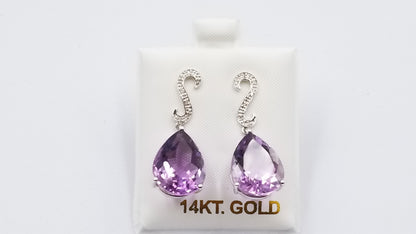 AMETHYST ( PEAR SHAPE ) WITH DIAMONDS 14 KT WHITE GOLD PUSH BACKS DANGLE EARRINGS