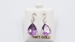 AMETHYST ( PEAR SHAPE ) WITH DIAMONDS 14 KT WHITE GOLD PUSH BACKS DANGLE EARRINGS