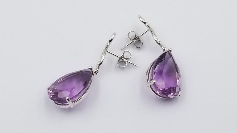 AMETHYST ( PEAR SHAPE ) WITH DIAMONDS 14 KT WHITE GOLD PUSH BACKS DANGLE EARRINGS