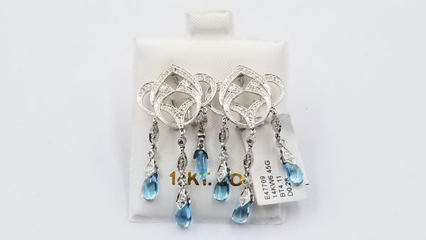 BLUE TOPAZ ( FANCY CUT ) WITH DIAMONDS 14 KT WHITE GOLD OMEGA BACKS DANGLE EARRINGS