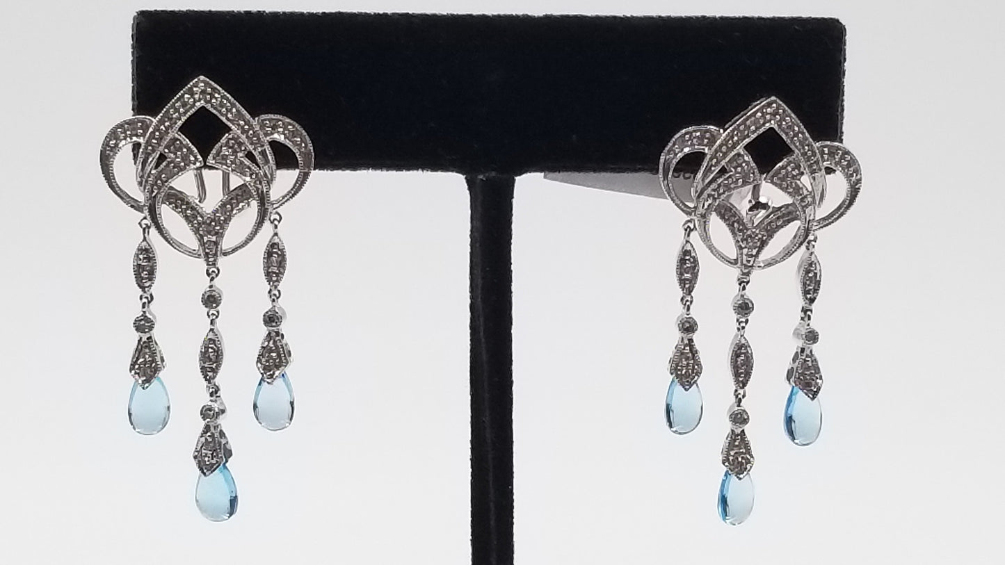 BLUE TOPAZ ( FANCY CUT ) WITH DIAMONDS 14 KT WHITE GOLD OMEGA BACKS DANGLE EARRINGS