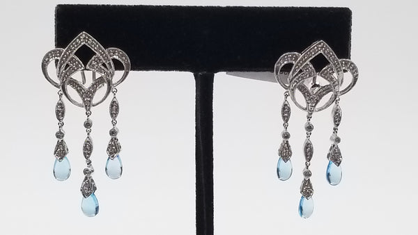 BLUE TOPAZ ( FANCY CUT ) WITH DIAMONDS 14 KT WHITE GOLD OMEGA BACKS DANGLE EARRINGS