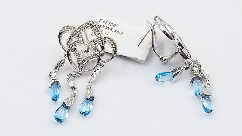 BLUE TOPAZ ( FANCY CUT ) WITH DIAMONDS 14 KT WHITE GOLD OMEGA BACKS DANGLE EARRINGS