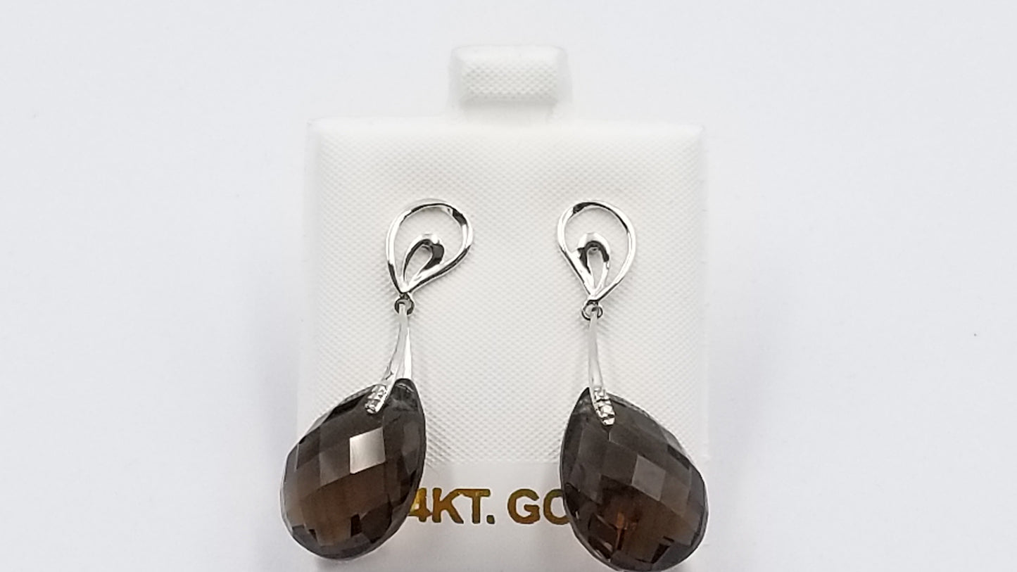 SMOKY QUARTZ ( PEAR SHAPE CHECKERBOARD CUT )14 KT WHITE GOLD PUSH BACK DROP EARRINGS