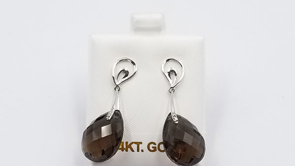 SMOKY QUARTZ ( PEAR SHAPE CHECKERBOARD CUT )14 KT WHITE GOLD PUSH BACK DROP EARRINGS