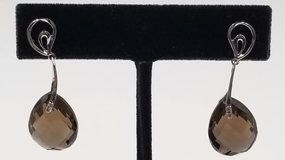 SMOKY QUARTZ ( PEAR SHAPE CHECKERBOARD CUT )14 KT WHITE GOLD PUSH BACK DROP EARRINGS