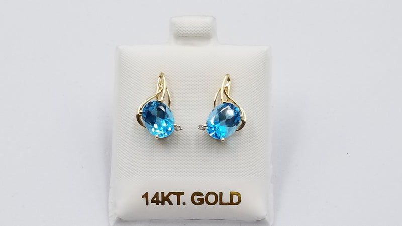 BLUE TOPAZ ( OVAL ) WITH DIAMONDS 14 KT YELLOW GOLD PUSH BACKS EARRINGS