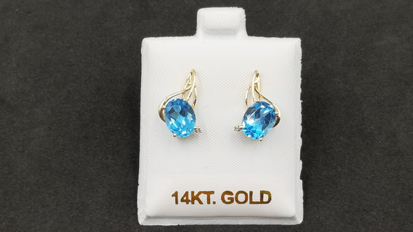 BLUE TOPAZ ( OVAL ) WITH DIAMONDS 14 KT YELLOW GOLD PUSH BACKS EARRINGS