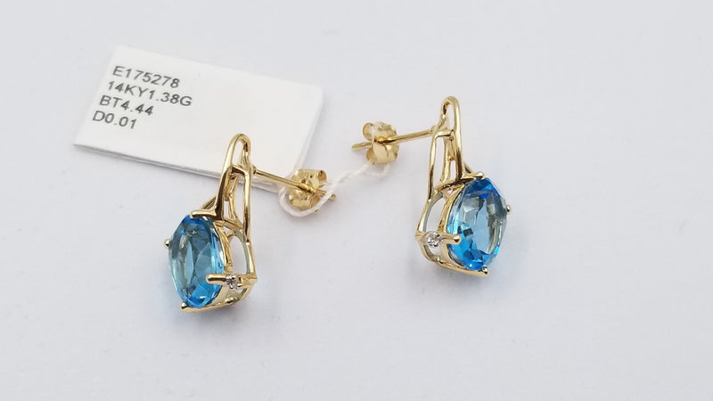 BLUE TOPAZ ( OVAL ) WITH DIAMONDS 14 KT YELLOW GOLD PUSH BACKS EARRINGS