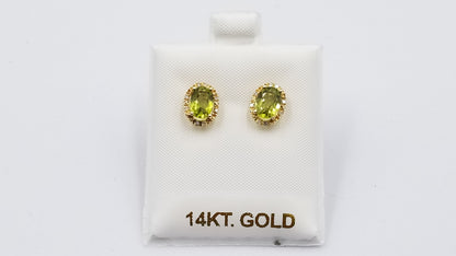 PERIDOT ( OVAL ) WITH DIAMOND 14 KT YELLOW GOLD CLASSIC PUSH BACK EARRINGS