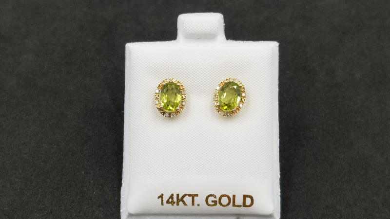 PERIDOT ( OVAL ) WITH DIAMOND 14 KT YELLOW GOLD CLASSIC PUSH BACK EARRINGS