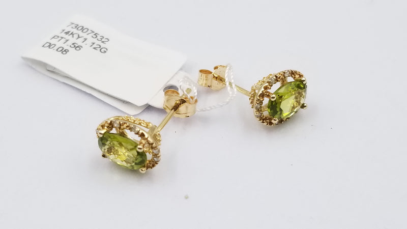 PERIDOT ( OVAL ) WITH DIAMOND 14 KT YELLOW GOLD CLASSIC PUSH BACK EARRINGS