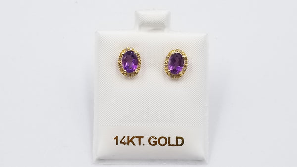 AMETHYST ( OVAL ) WITH DIAMONDS 14 KT YELLOW GOLD CLASSIC PUSH BACKS EARRINGS