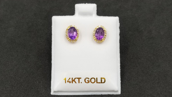 AMETHYST ( OVAL ) WITH DIAMONDS 14 KT YELLOW GOLD CLASSIC PUSH BACKS EARRINGS