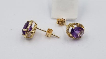 AMETHYST ( OVAL ) WITH DIAMONDS 14 KT YELLOW GOLD CLASSIC PUSH BACKS EARRINGS