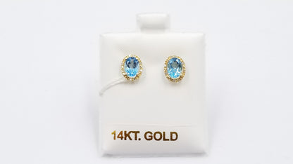 BLUE TOPAZ ( OVAL ) WITH DIAMONDS 14 KT YELLOW GOLD CLASSIC PUSH BACKS EARRINGS