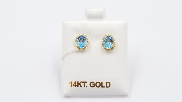 BLUE TOPAZ ( OVAL ) WITH DIAMONDS 14 KT YELLOW GOLD CLASSIC PUSH BACKS EARRINGS