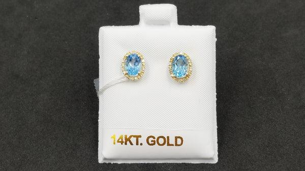 BLUE TOPAZ ( OVAL ) WITH DIAMONDS 14 KT YELLOW GOLD CLASSIC PUSH BACKS EARRINGS