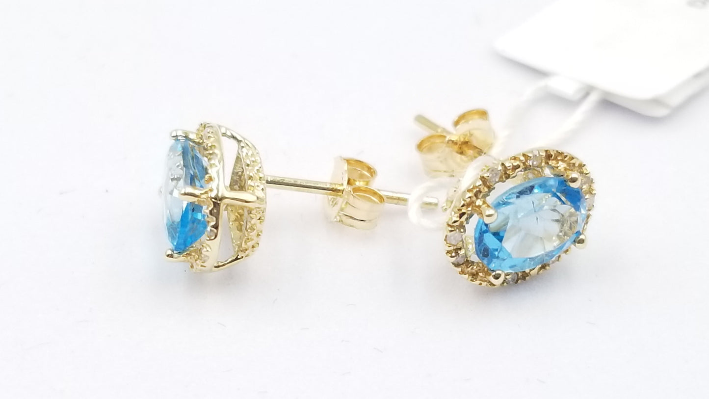 BLUE TOPAZ ( OVAL ) WITH DIAMONDS 14 KT YELLOW GOLD CLASSIC PUSH BACKS EARRINGS