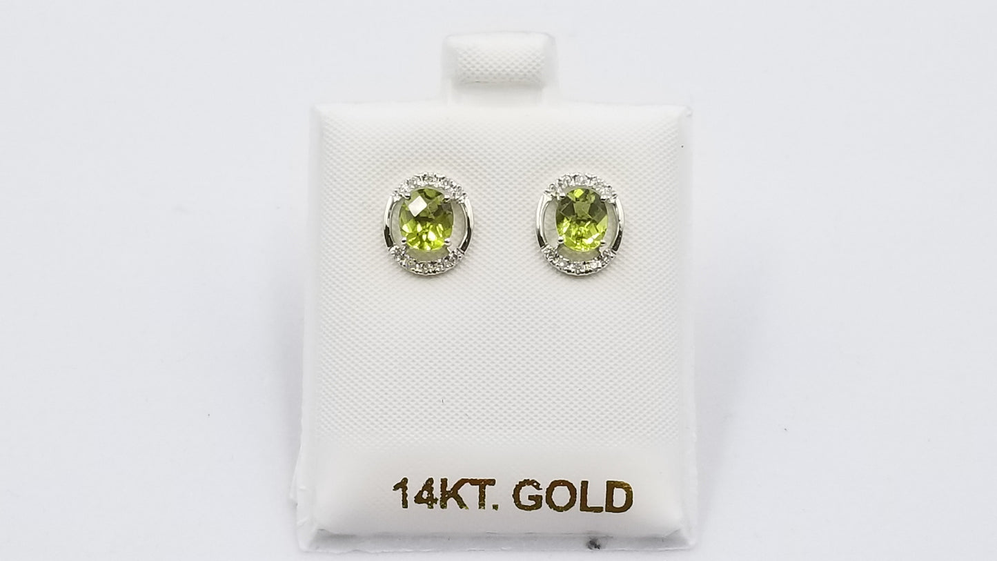 PERIDOT ( OVAL CHECKERBOARD CUT ) WITH DIAMONDS 14 KT WHITE GOLD PUSH BACK EARRINGS