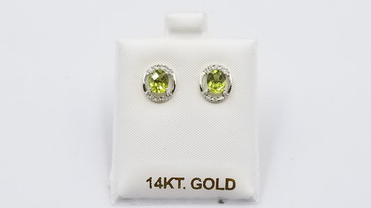 PERIDOT ( OVAL CHECKERBOARD CUT ) WITH DIAMONDS 14 KT WHITE GOLD PUSH BACK EARRINGS