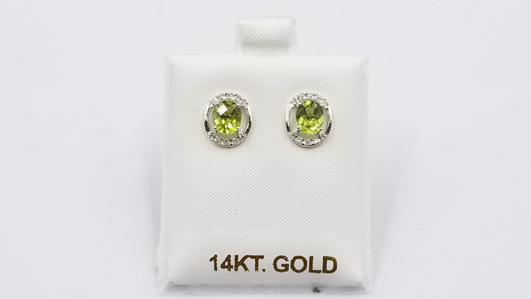 PERIDOT ( OVAL CHECKERBOARD CUT ) WITH DIAMONDS 14 KT WHITE GOLD PUSH BACK EARRINGS