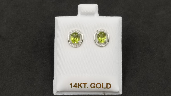 PERIDOT ( OVAL CHECKERBOARD CUT ) WITH DIAMONDS 14 KT WHITE GOLD PUSH BACK EARRINGS