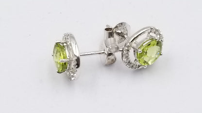PERIDOT ( OVAL CHECKERBOARD CUT ) WITH DIAMONDS 14 KT WHITE GOLD PUSH BACK EARRINGS