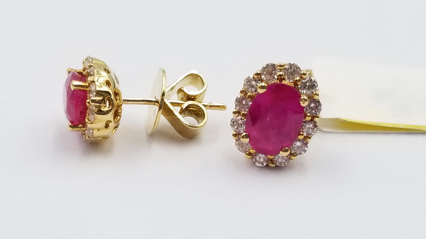 RUBY WITH DIAMONDS 18 KT YELLOW GOLD CLASSIC PUSH BACKS EARRINGS