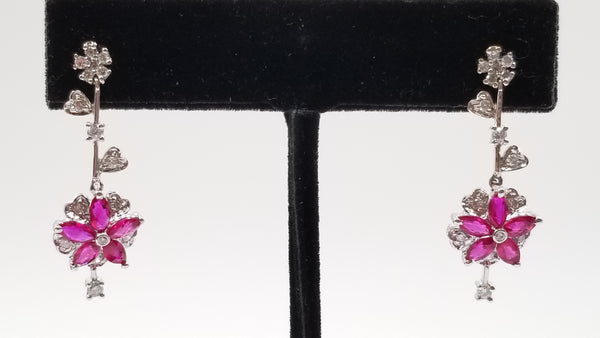 RUBY ( MARQUISE CUT ) WITH DIAMONDS 18 KT WHITE GOLD DESIGNS PUSH BACKS DANGLE EARRINGS