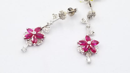 RUBY ( MARQUISE CUT ) WITH DIAMONDS 18 KT WHITE GOLD DESIGNS PUSH BACKS DANGLE EARRINGS