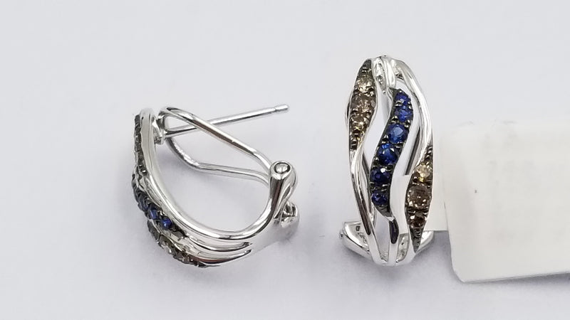 SAPPHIRES WITH BROWN DIAMONDS 14 KT WHITE GOLD OMEGA BACKS EARRINGS