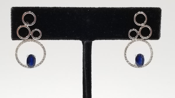 SAPPHIRES WITH DIAMONDS 14 KT WHITE GOLD CIRCLE PUSH BACKS DROP EARRINGS