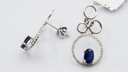 SAPPHIRES WITH DIAMONDS 14 KT WHITE GOLD CIRCLE PUSH BACKS DROP EARRINGS