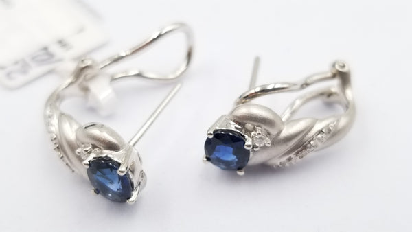 SAPPHIRES WITH DIAMONDS 18 KT WHITE GOLD OMEGA BACKS MATT FINISHED EARRINGS