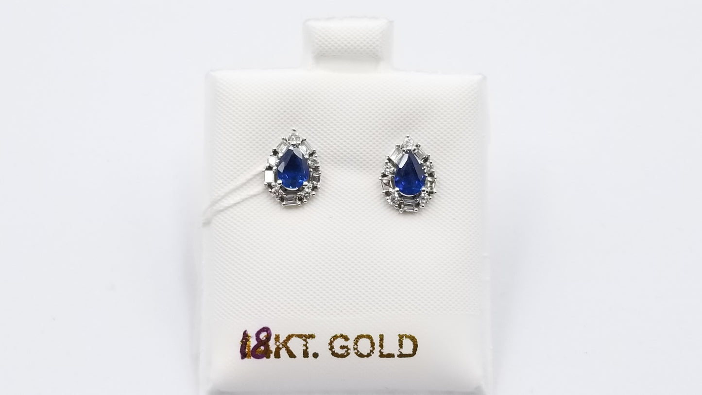 SAPPHIRE ( PEAR SHAPE ) WITH BAGUETTE DIAMONDS 18 KT WHITE GOLD PUSH BACKS EARRINGS
