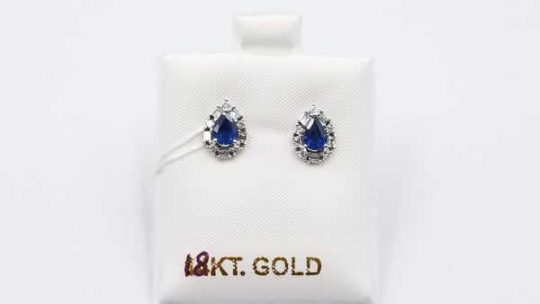 SAPPHIRE ( PEAR SHAPE ) WITH BAGUETTE DIAMONDS 18 KT WHITE GOLD PUSH BACKS EARRINGS