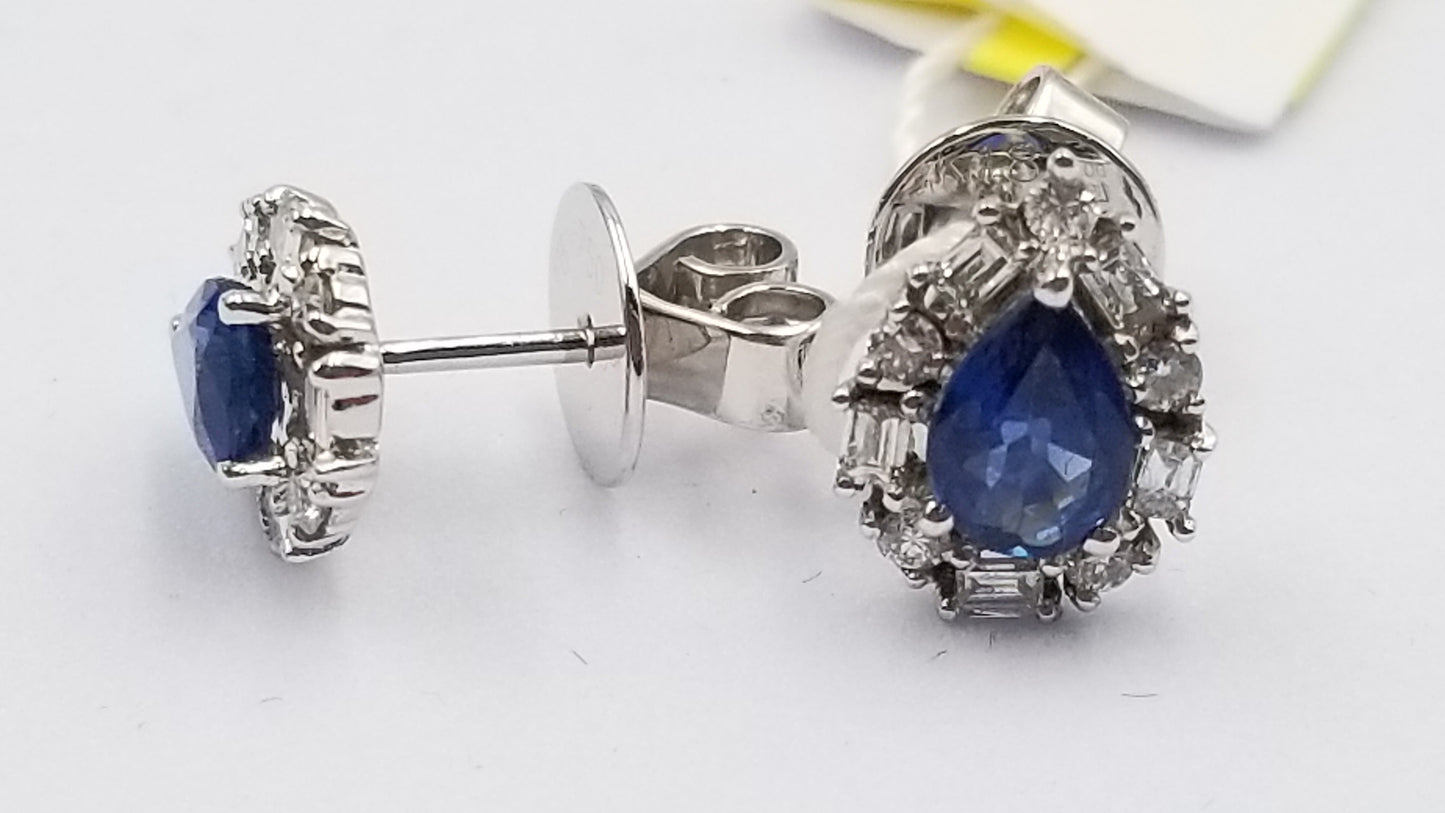 SAPPHIRE ( PEAR SHAPE ) WITH BAGUETTE DIAMONDS 18 KT WHITE GOLD PUSH BACKS EARRINGS