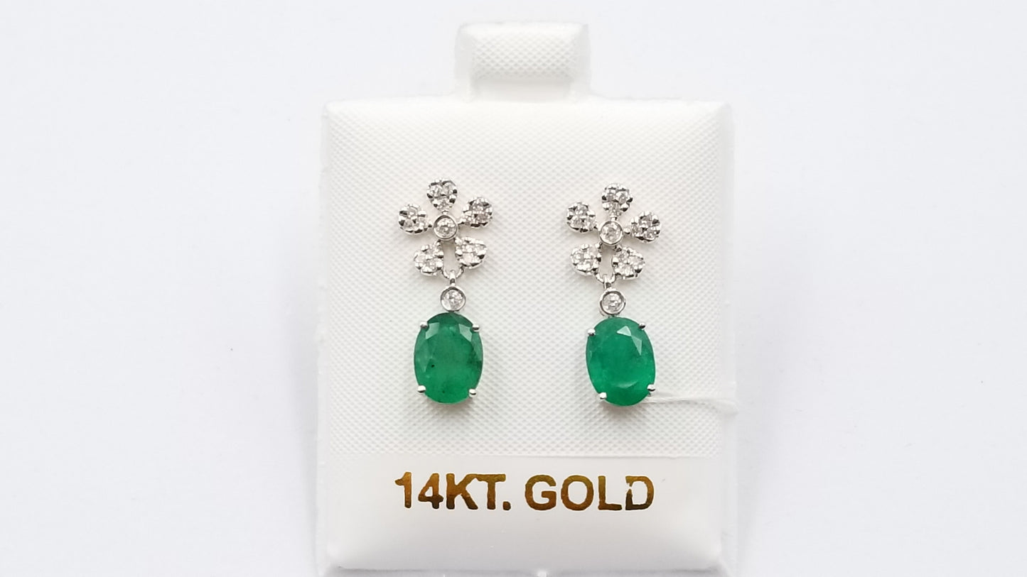 EMERALD ( OVAL ) WITH DIAMONDS 14 KT WHITE GOLD PUSH BACKS DANGLE EARRINGS