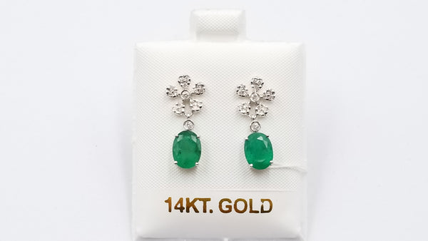 EMERALD ( OVAL ) WITH DIAMONDS 14 KT WHITE GOLD PUSH BACKS DANGLE EARRINGS